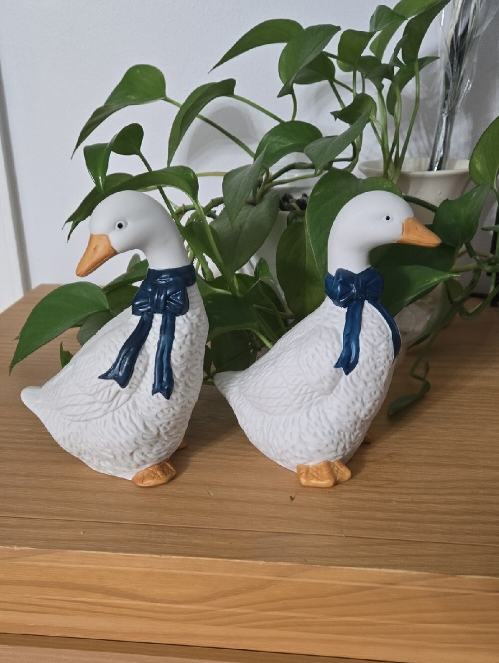 A Pair Of Vintage Ceramic Geese Figurines With Blue Ribbon - Home Accents Decor